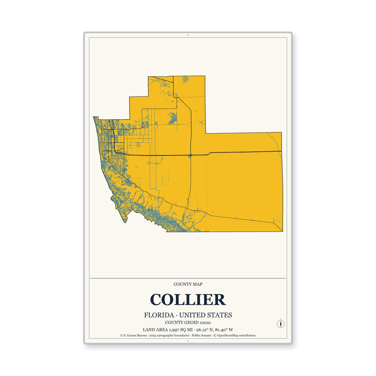 Collier County, Florida Map Aluminum Sign in Citrine Modern style