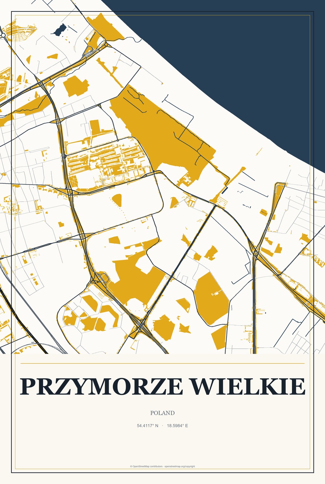 Przymorze Wielkie, Poland City Map Aluminum Sign in Citrine Modern style
