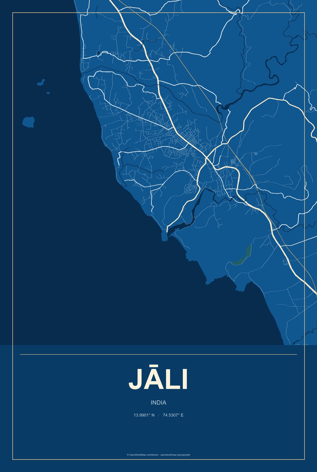 Jāli, India City Map Aluminum Sign in Harbor Cobalt style