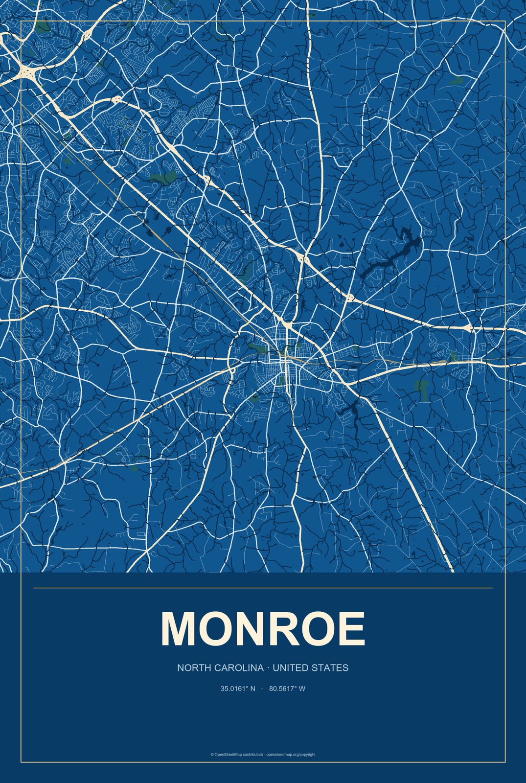 Monroe, North Carolina City Map Aluminum Sign in Harbor Cobalt style