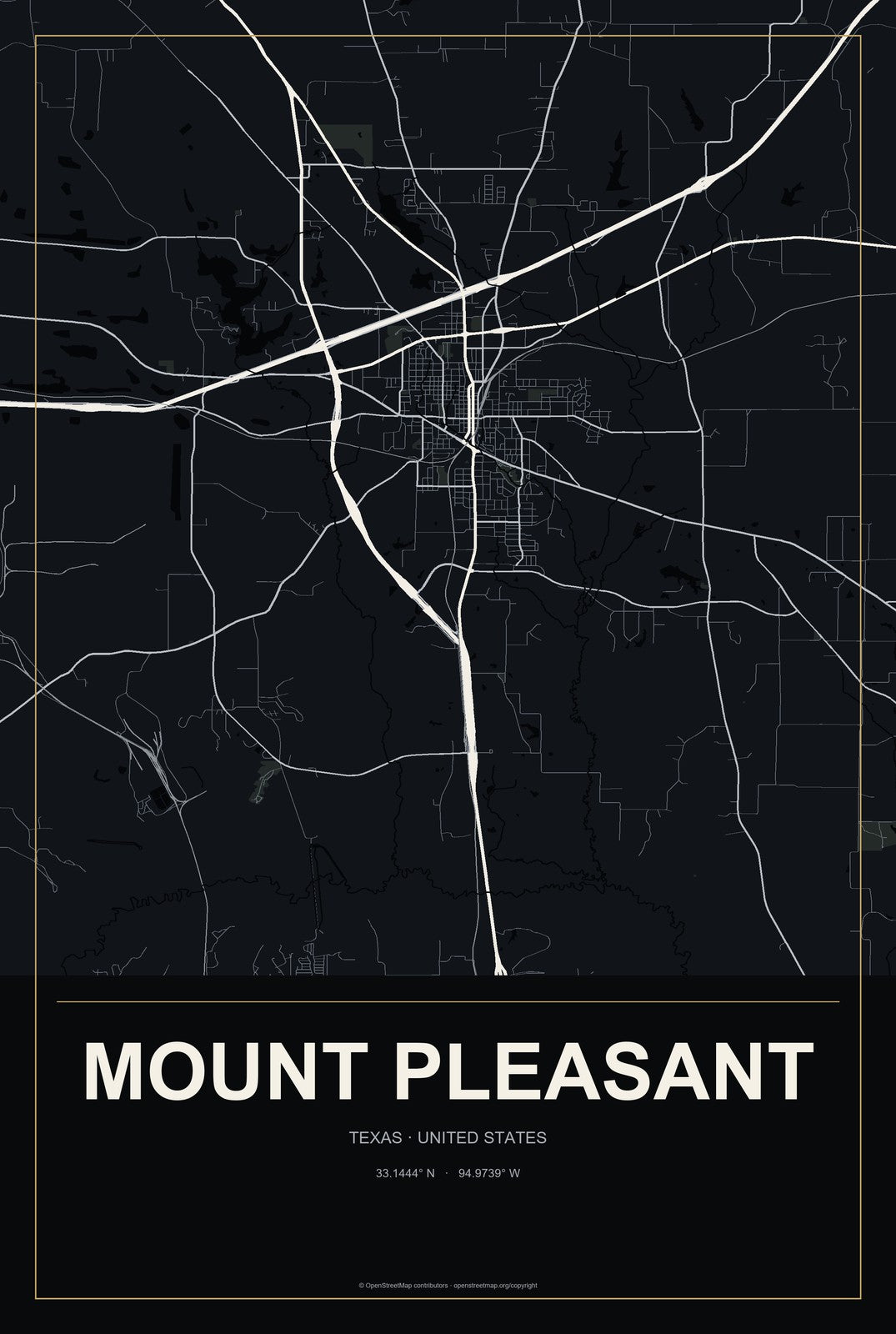 Mount Pleasant, Texas City Map Aluminum Sign in Metropolitan Noir style