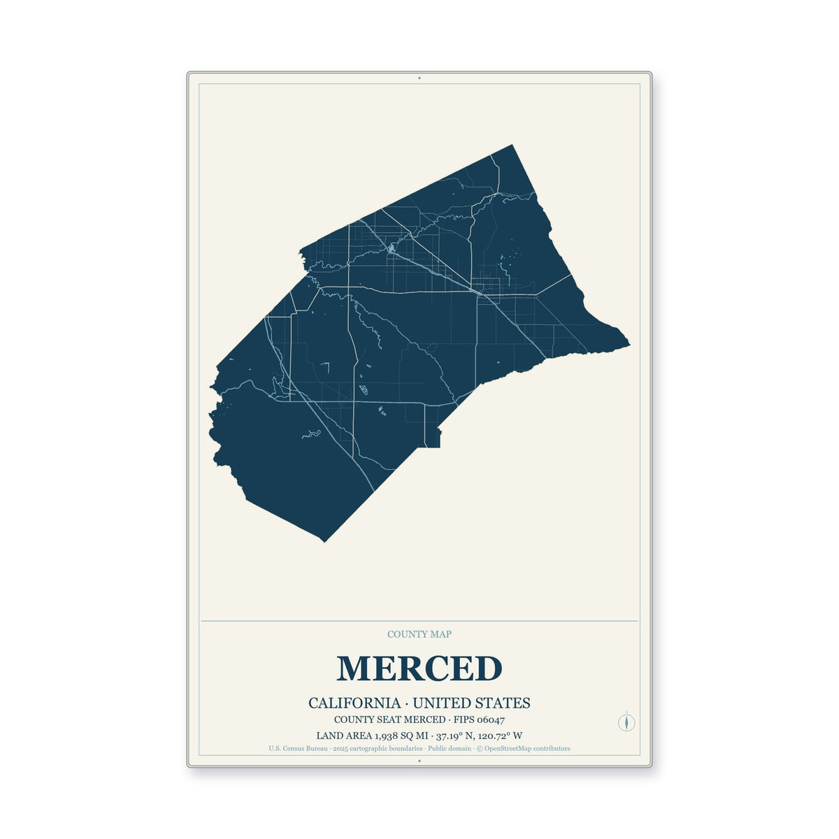 Merced County, California Map Aluminum Sign in Coastal Cutout style