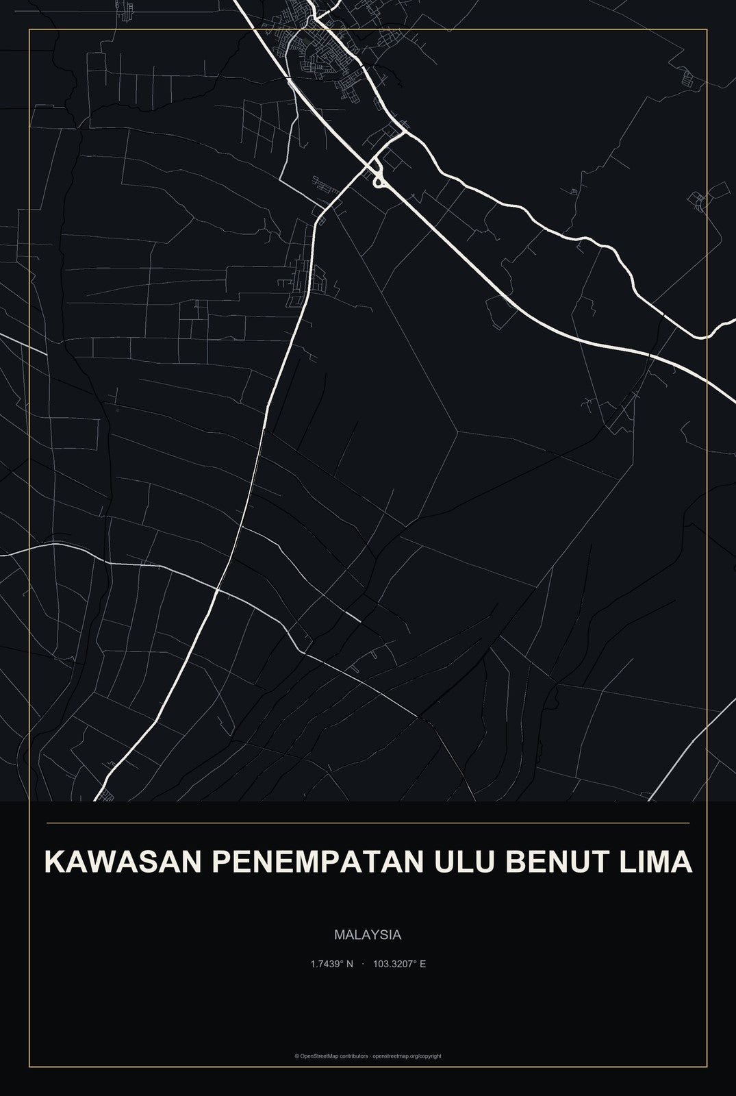 Kawasan Penempatan Ulu Benut Lima, Malaysia City Map Aluminum Sign in Metropolitan Noir style