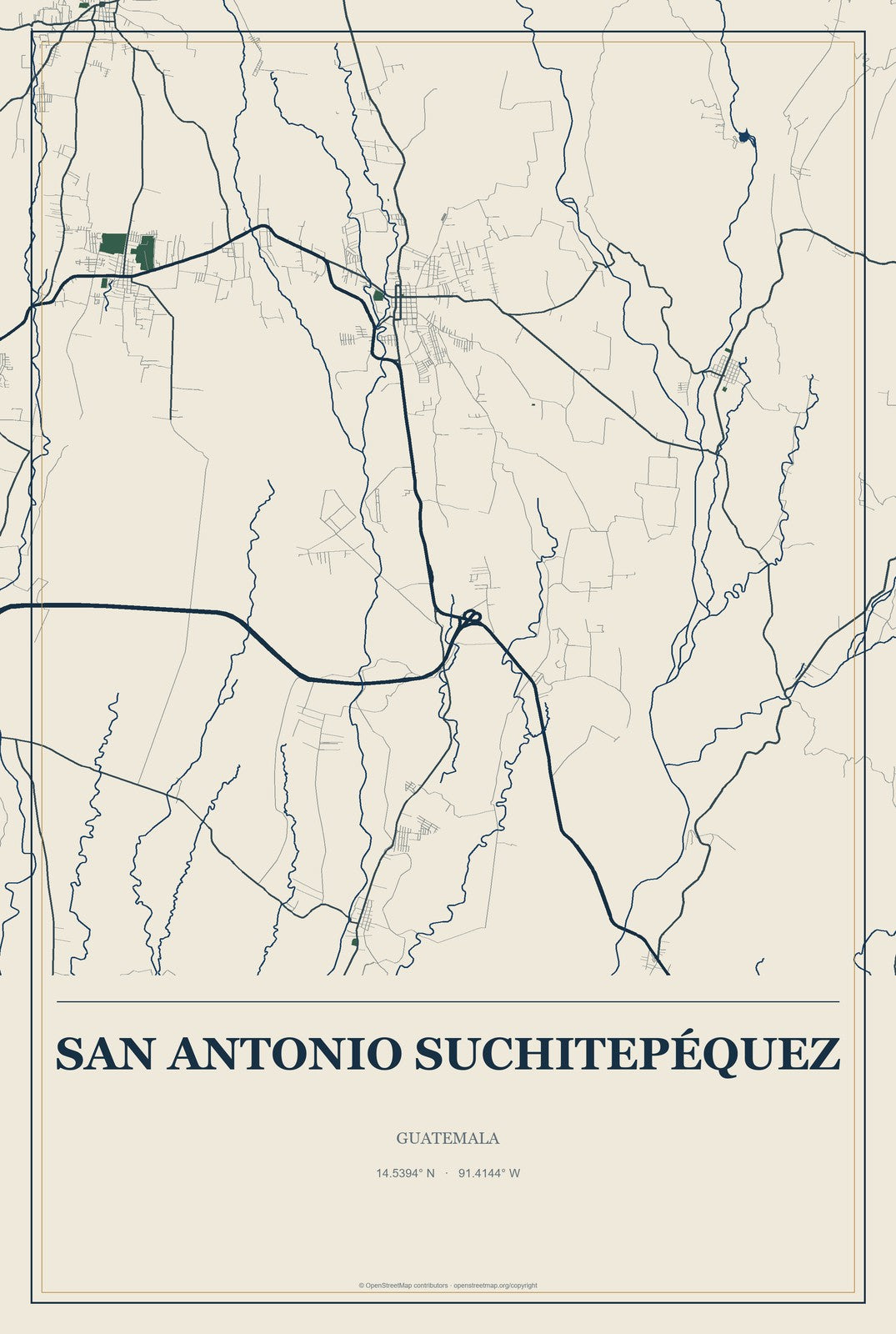 San Antonio Suchitepéquez, Guatemala City Map Aluminum Sign in Coastal Cutout style