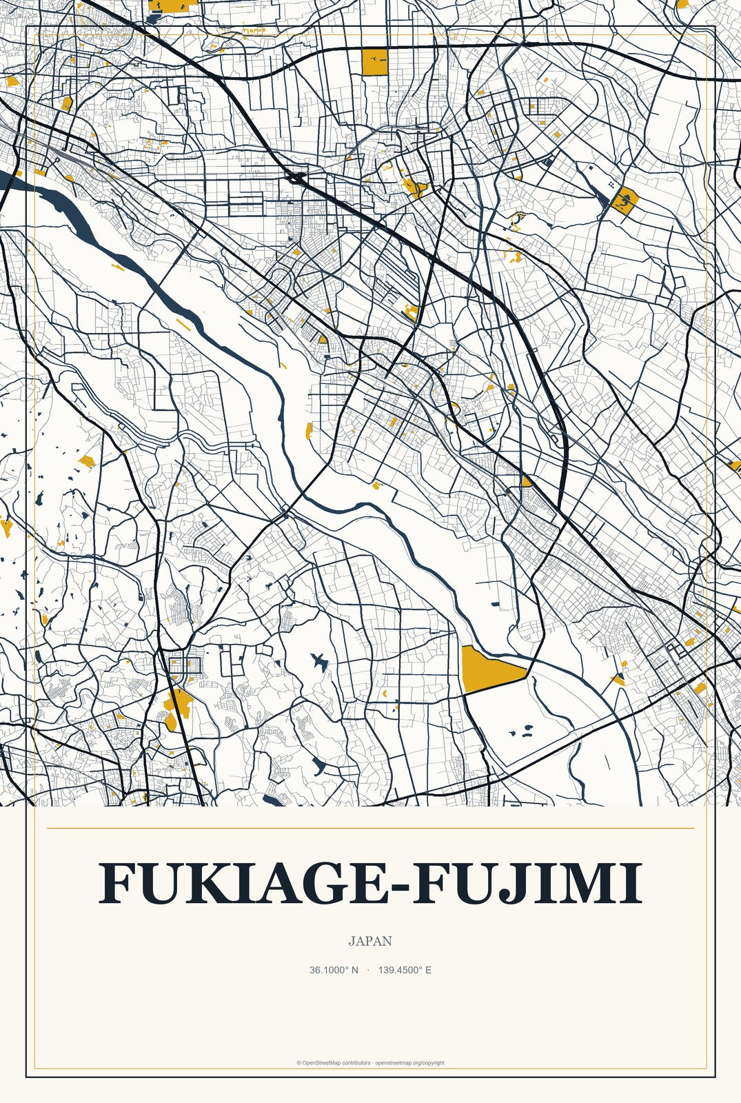 Fukiage-fujimi, Japan City Map Aluminum Sign in Citrine Modern style