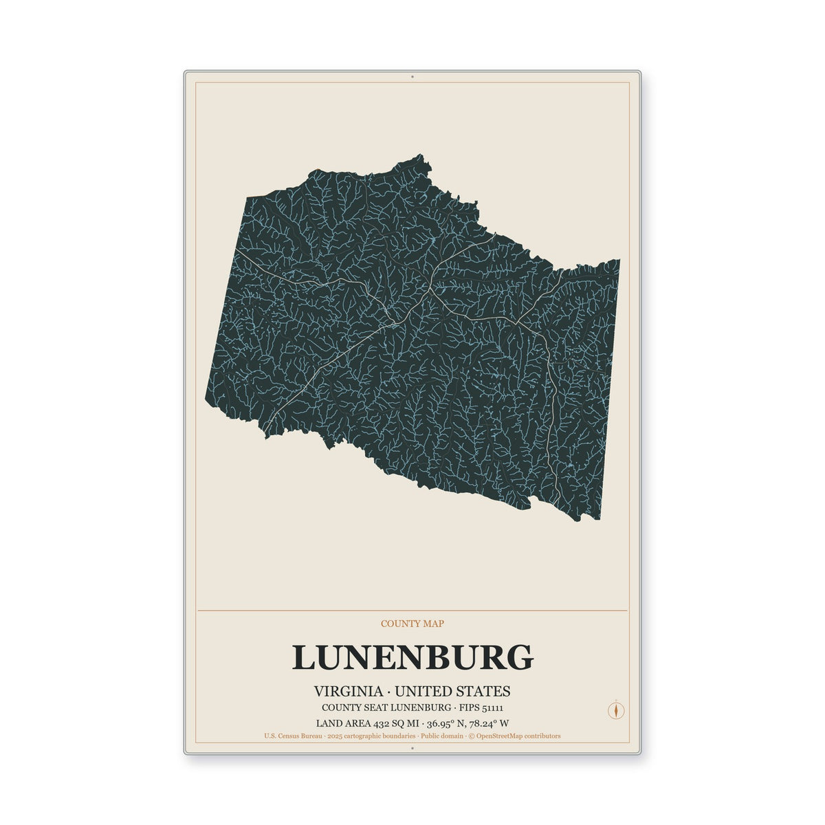 Lunenburg County, Virginia Map Aluminum Sign in Headline Atlas style