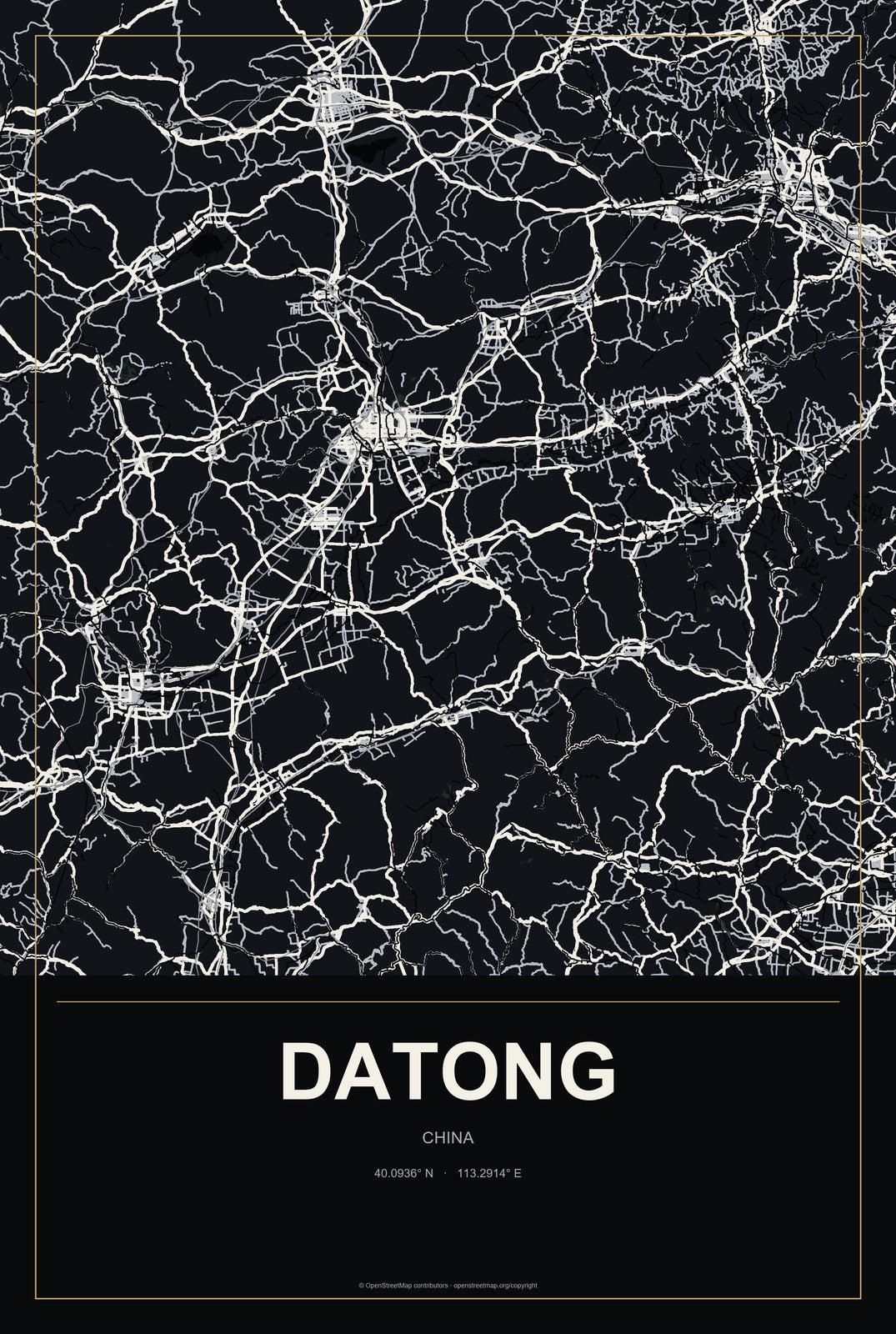 Datong, Chongqing, China City Map Aluminum Sign in Metropolitan Noir style