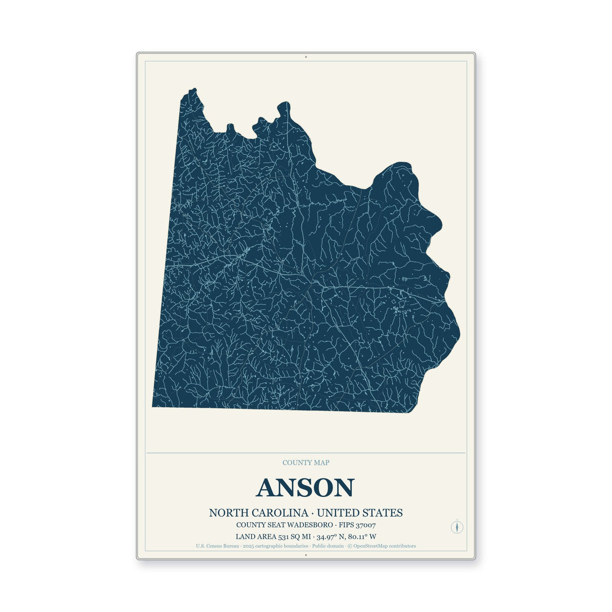 Anson County, North Carolina Map Aluminum Sign in Coastal Cutout style