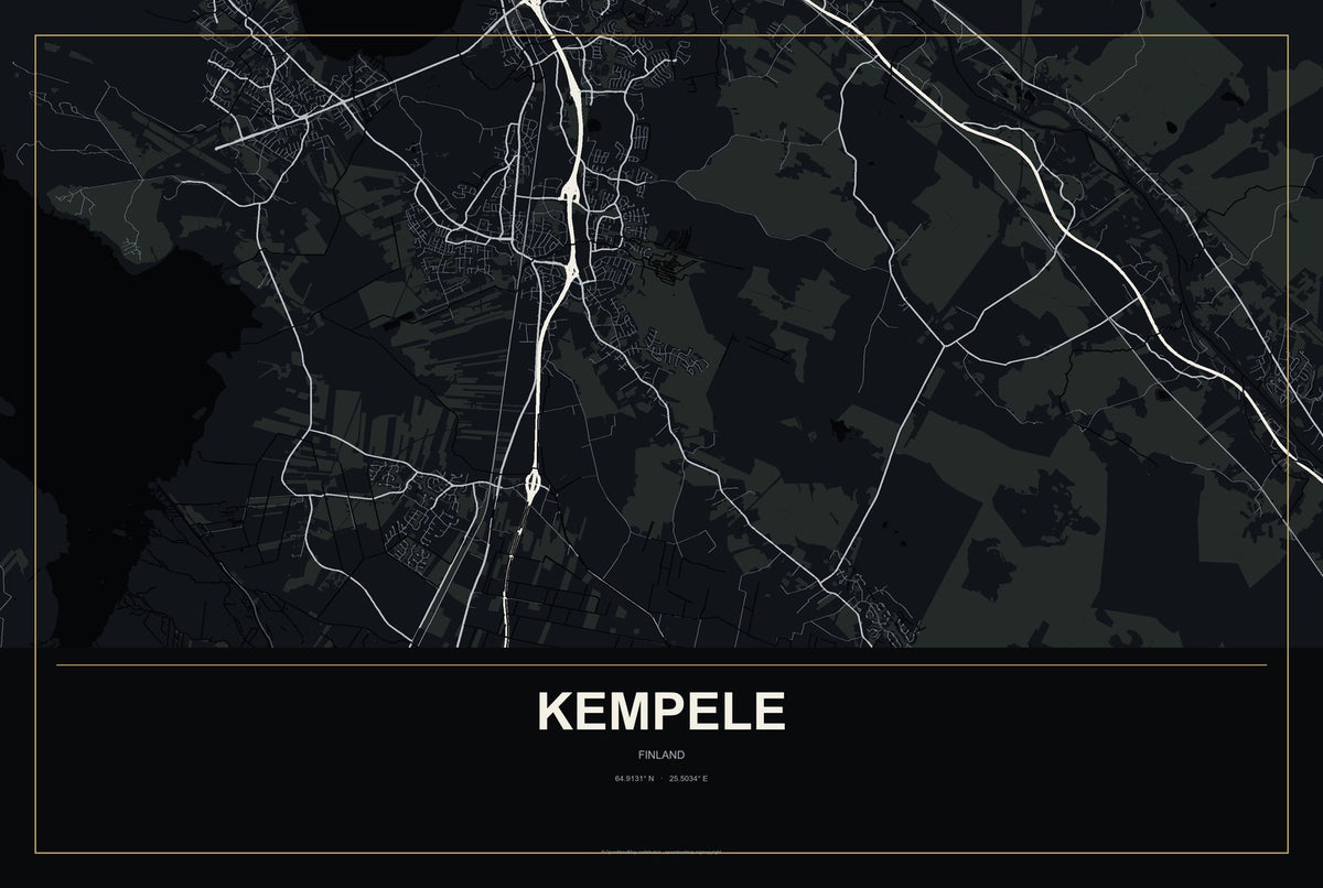 Kempele, Finland City Map Aluminum Sign in Metropolitan Noir style