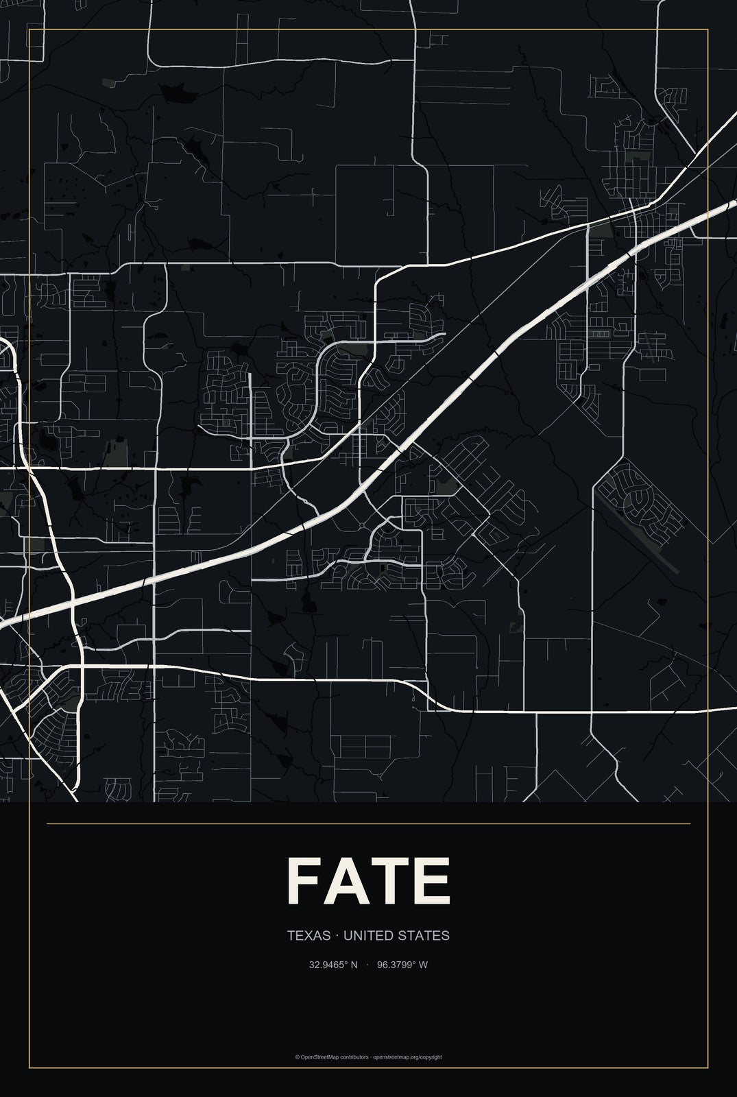 Fate, Texas City Map Aluminum Sign in Metropolitan Noir style