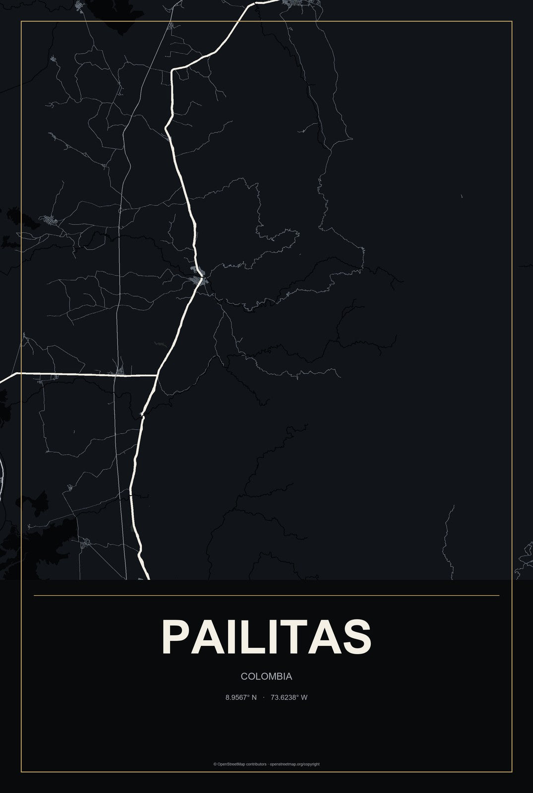 Pailitas, Colombia City Map Aluminum Sign in Metropolitan Noir style
