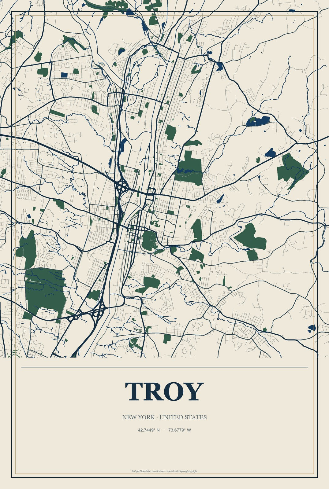Troy, New York City Map Aluminum Sign in Coastal Cutout style