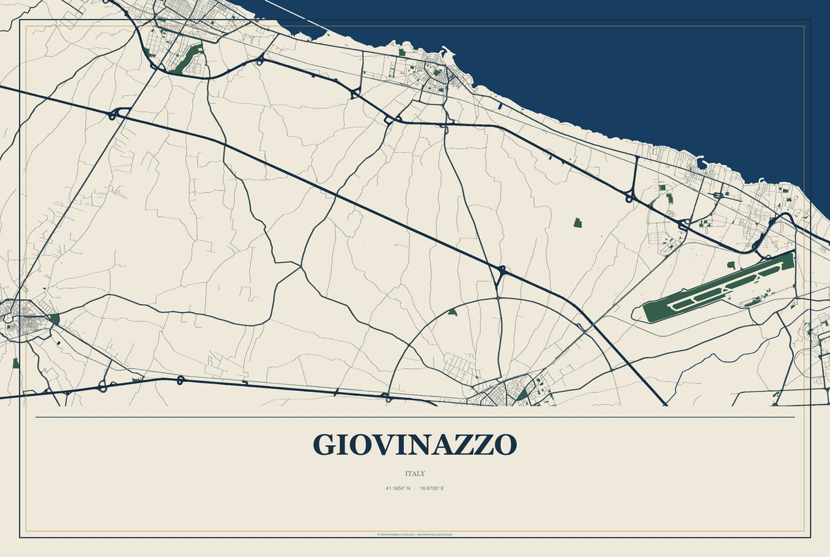 Giovinazzo, Italy City Map Aluminum Sign in Coastal Cutout style