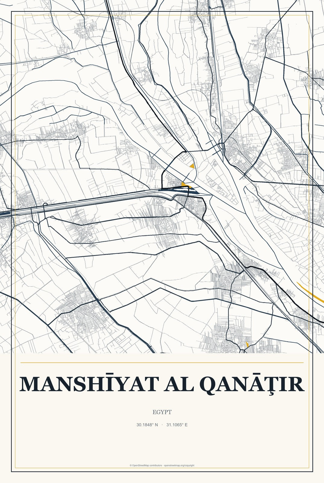 Manshīyat al Qanāţir, Egypt City Map Aluminum Sign in Citrine Modern style