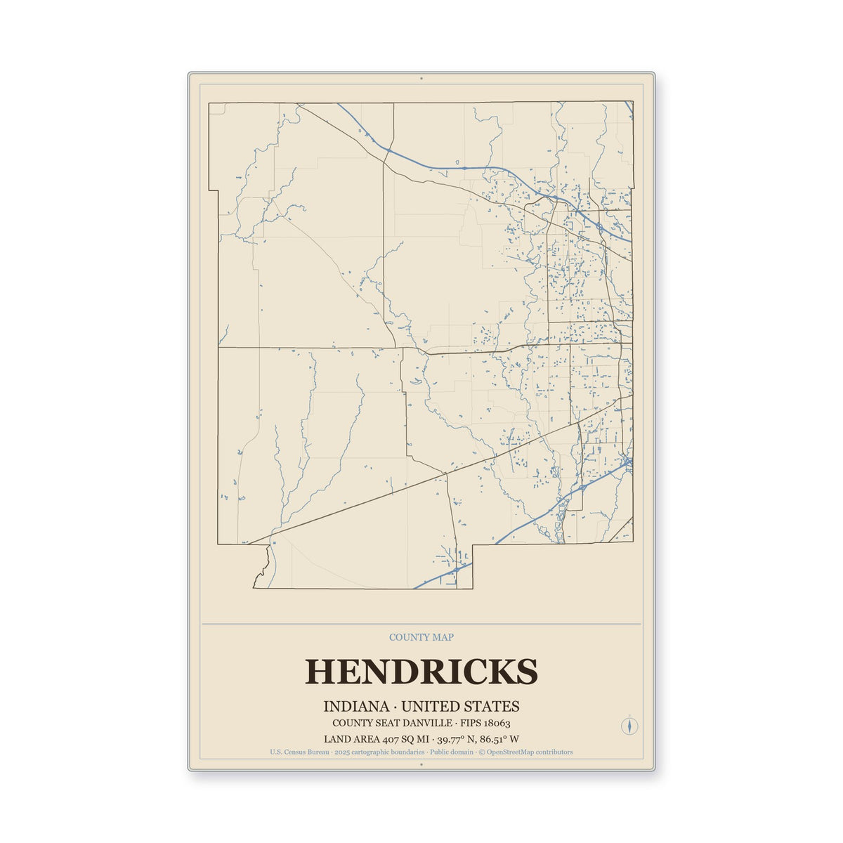 Hendricks County, Indiana Map Aluminum Sign in Heritage Nautical style