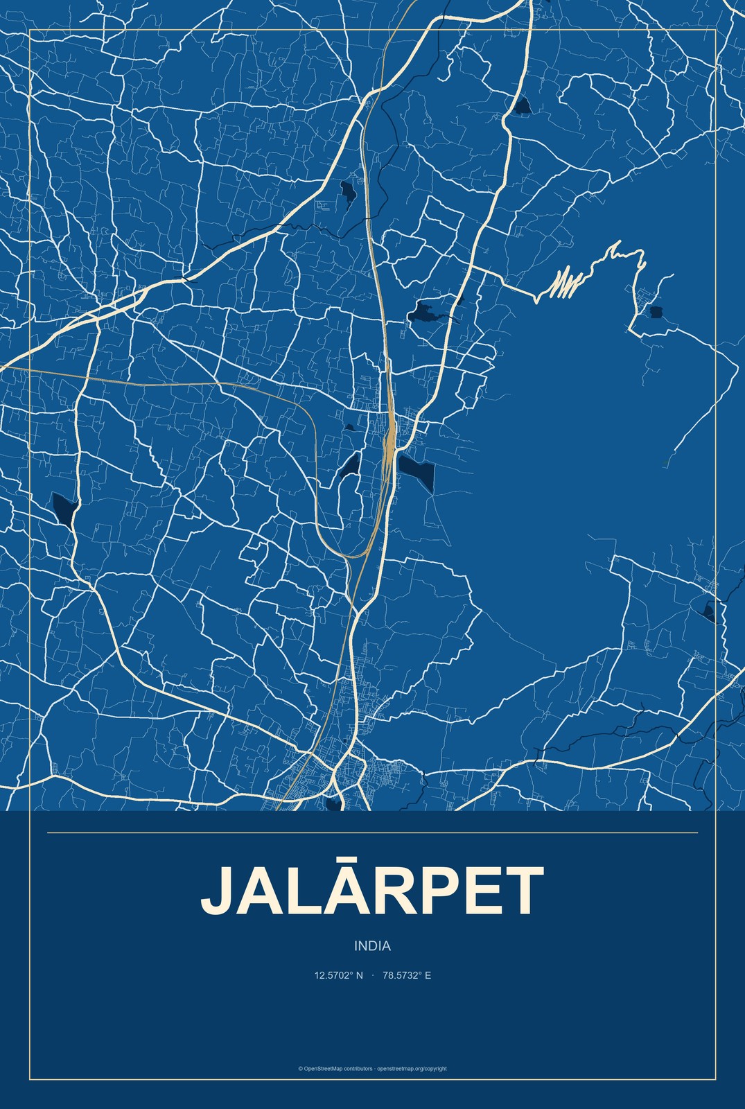 Jalārpet, India City Map Aluminum Sign in Harbor Cobalt style