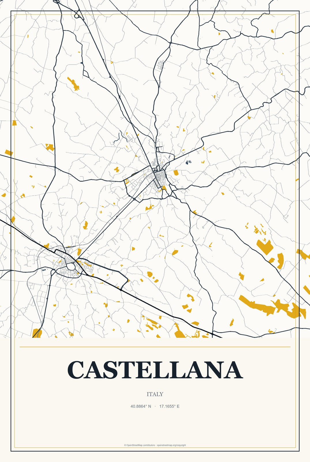 Castellana, Italy City Map Aluminum Sign in Citrine Modern style