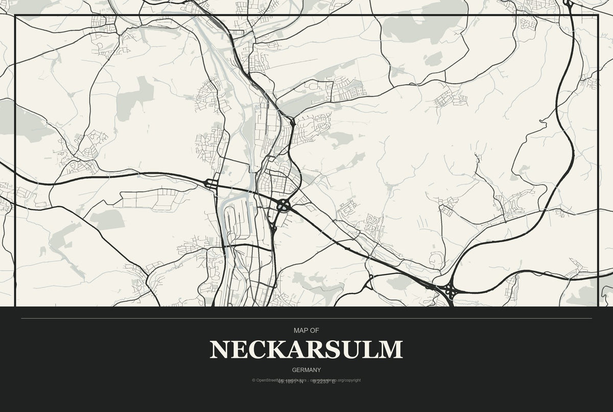 Neckarsulm, Germany City Map Aluminum Sign in Museum Plaque style