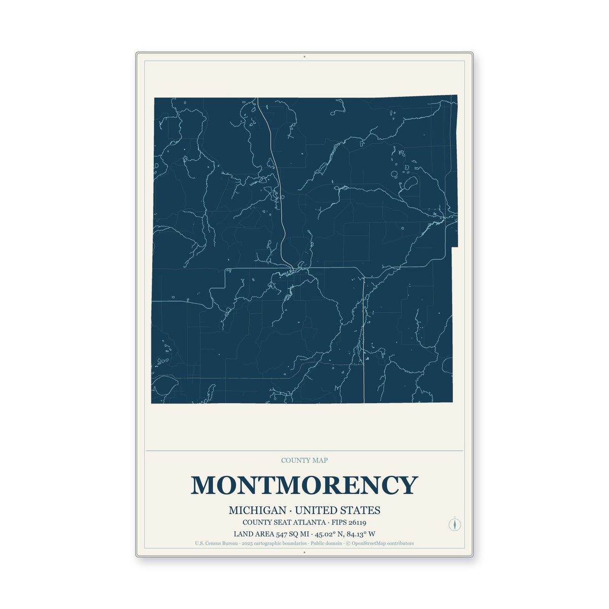 Montmorency County, Michigan Map Aluminum Sign in Coastal Cutout style