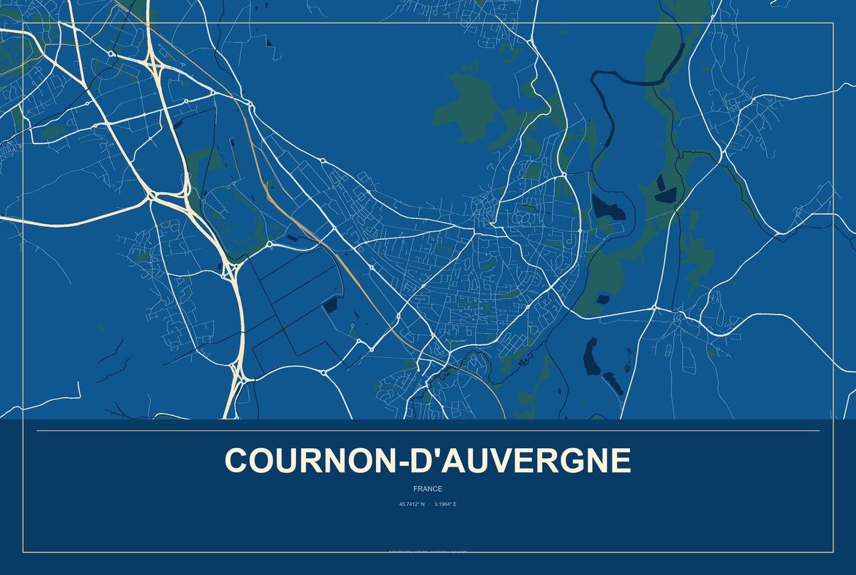 Cournon-d'Auvergne, France City Map Aluminum Sign in Harbor Cobalt style