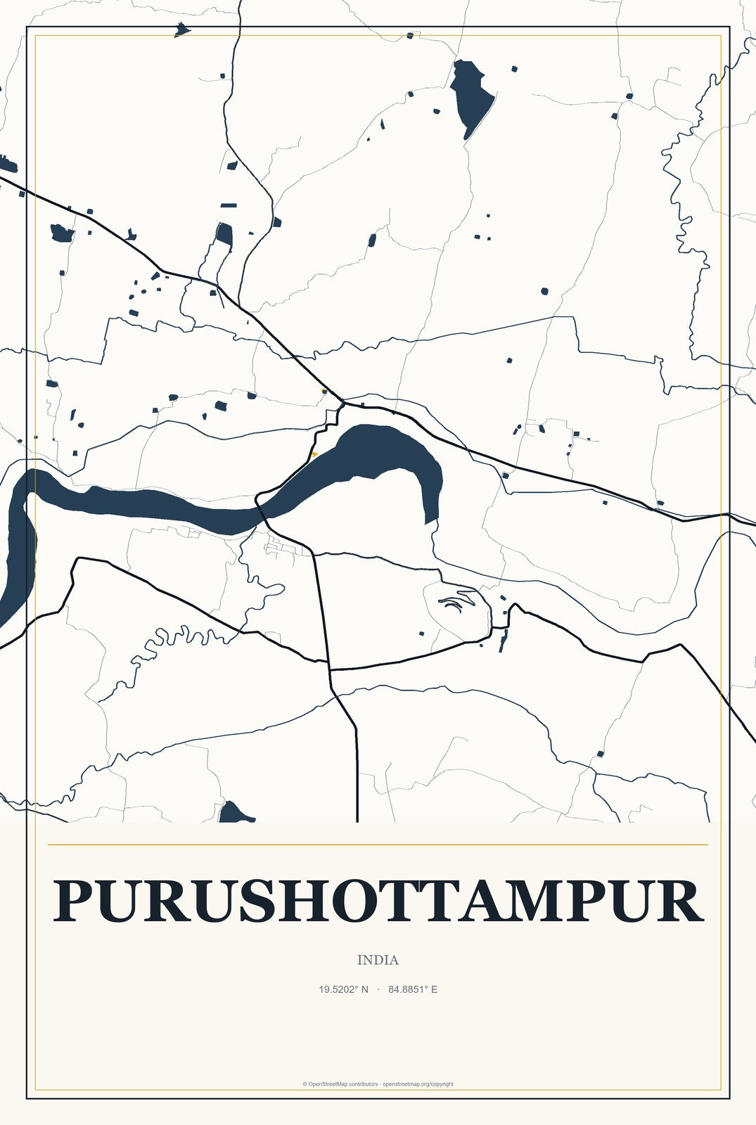 Purushottampur, India City Map Aluminum Sign in Citrine Modern style