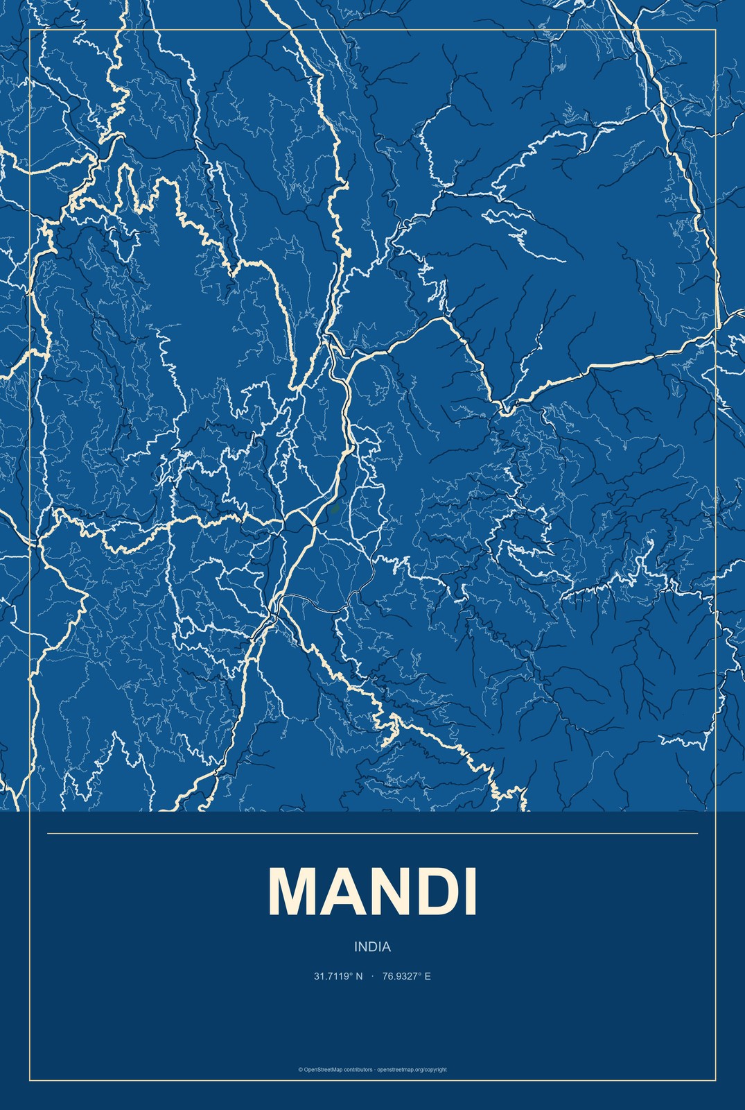 Mandi, India City Map Aluminum Sign in Harbor Cobalt style