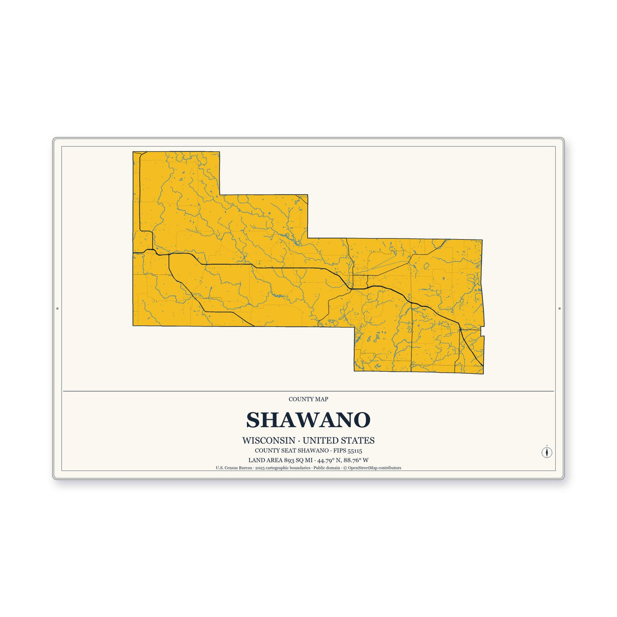 Shawano County, Wisconsin Map Aluminum Sign in Citrine Modern style