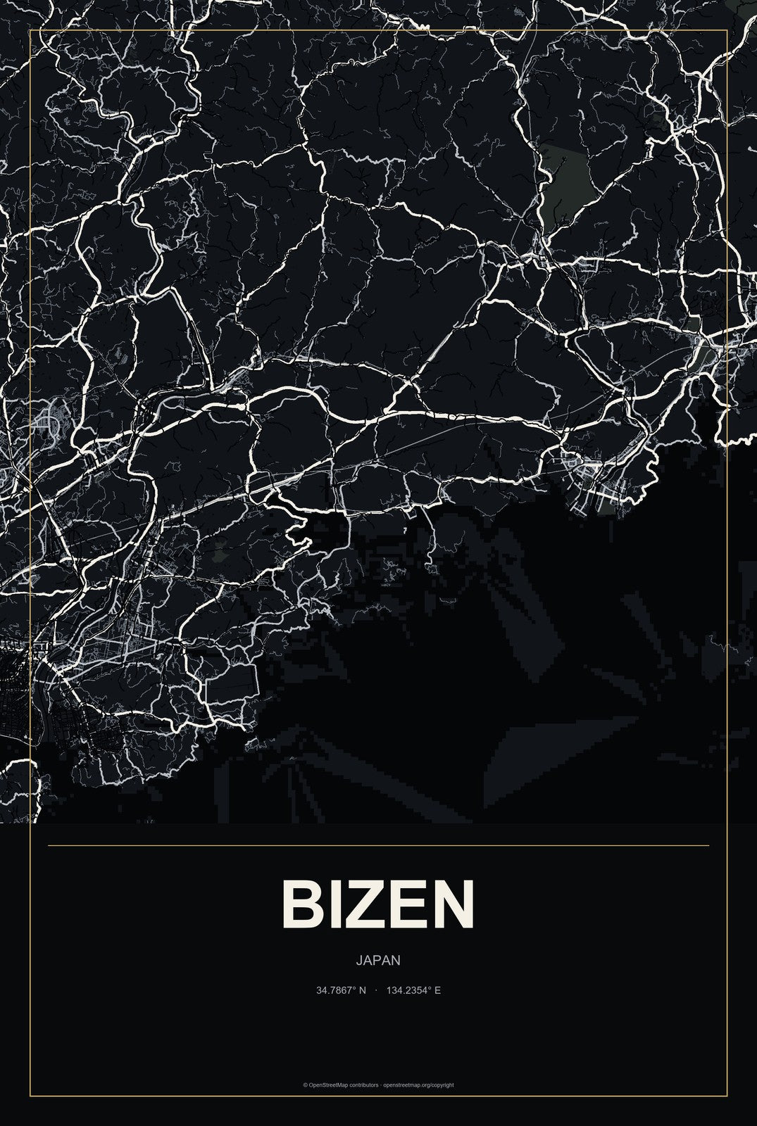 Bizen, Japan City Map Aluminum Sign in Metropolitan Noir style