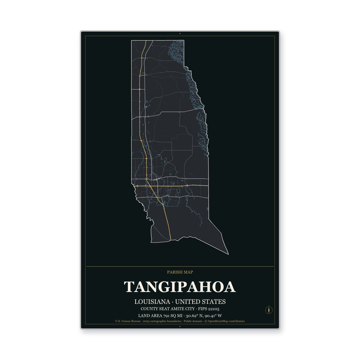 Tangipahoa Parish, Louisiana Map Aluminum Sign in Metropolitan Noir style