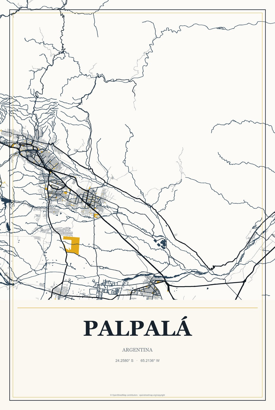 Palpalá, Argentina City Map Aluminum Sign in Citrine Modern style