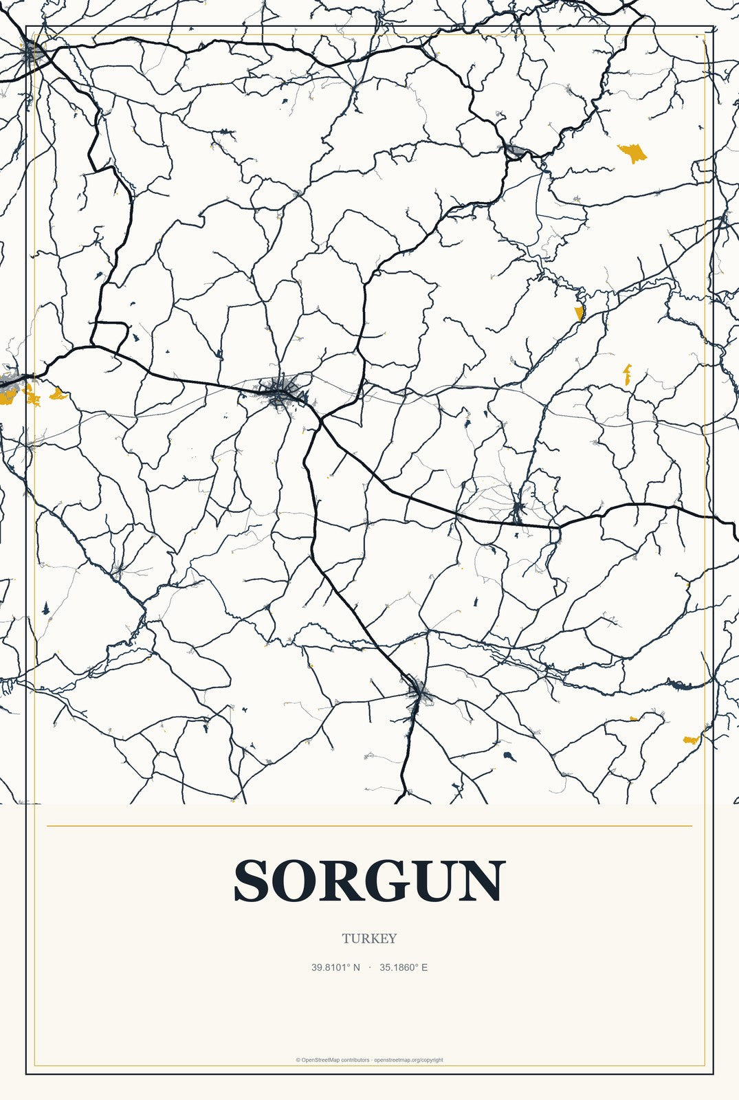 Sorgun, Turkey City Map Aluminum Sign in Citrine Modern style