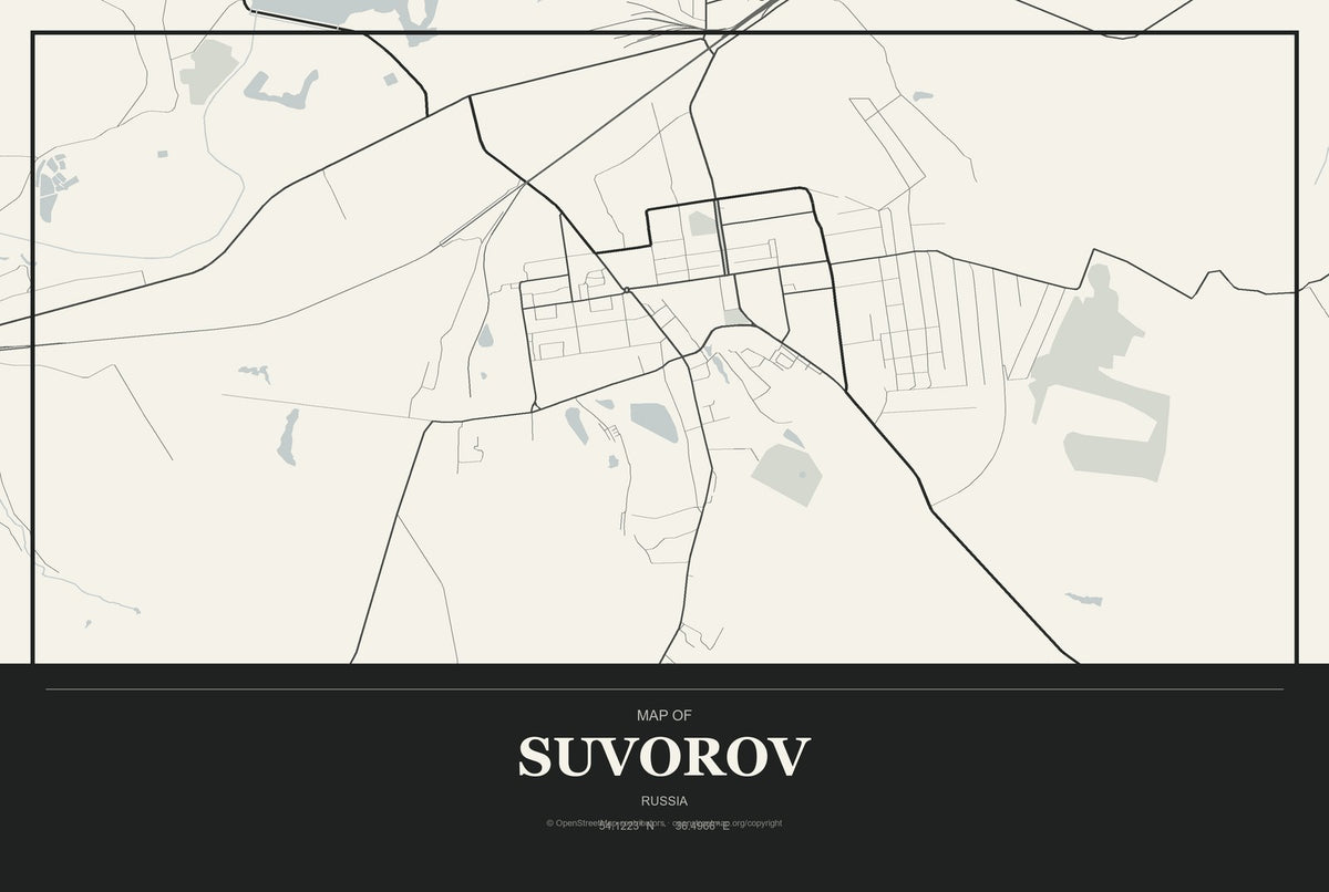 Suvorov, Russia City Map Aluminum Sign in Museum Plaque style