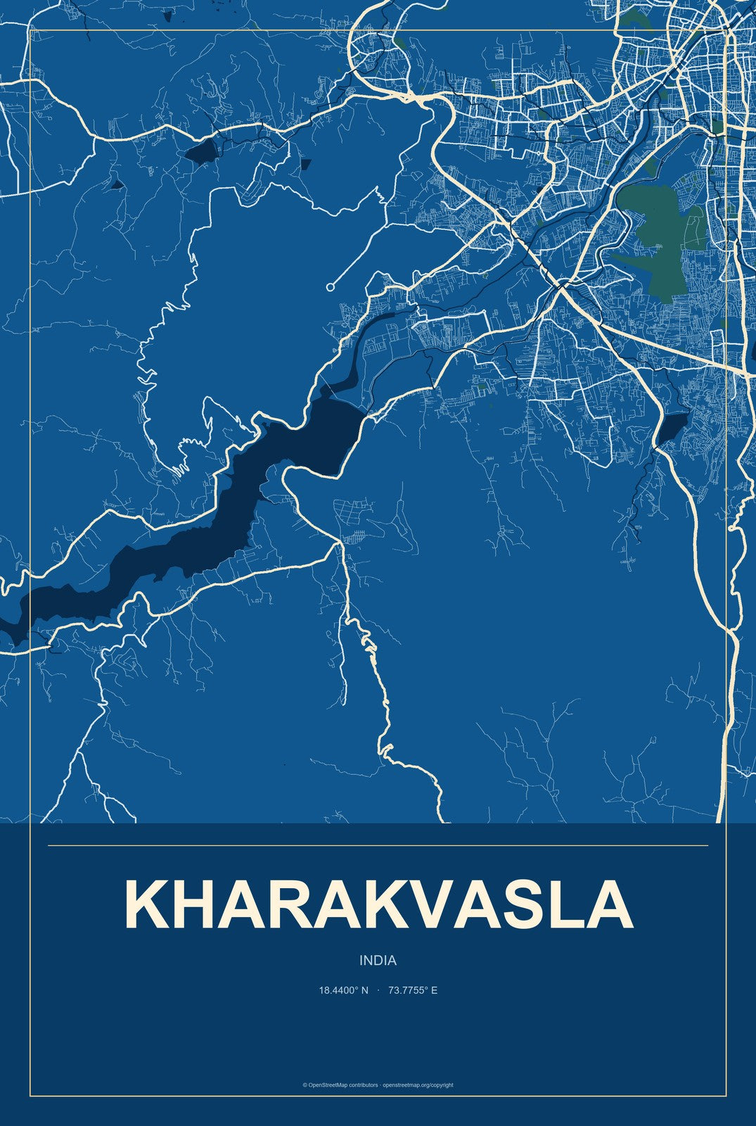 Kharakvasla, India City Map Aluminum Sign in Harbor Cobalt style