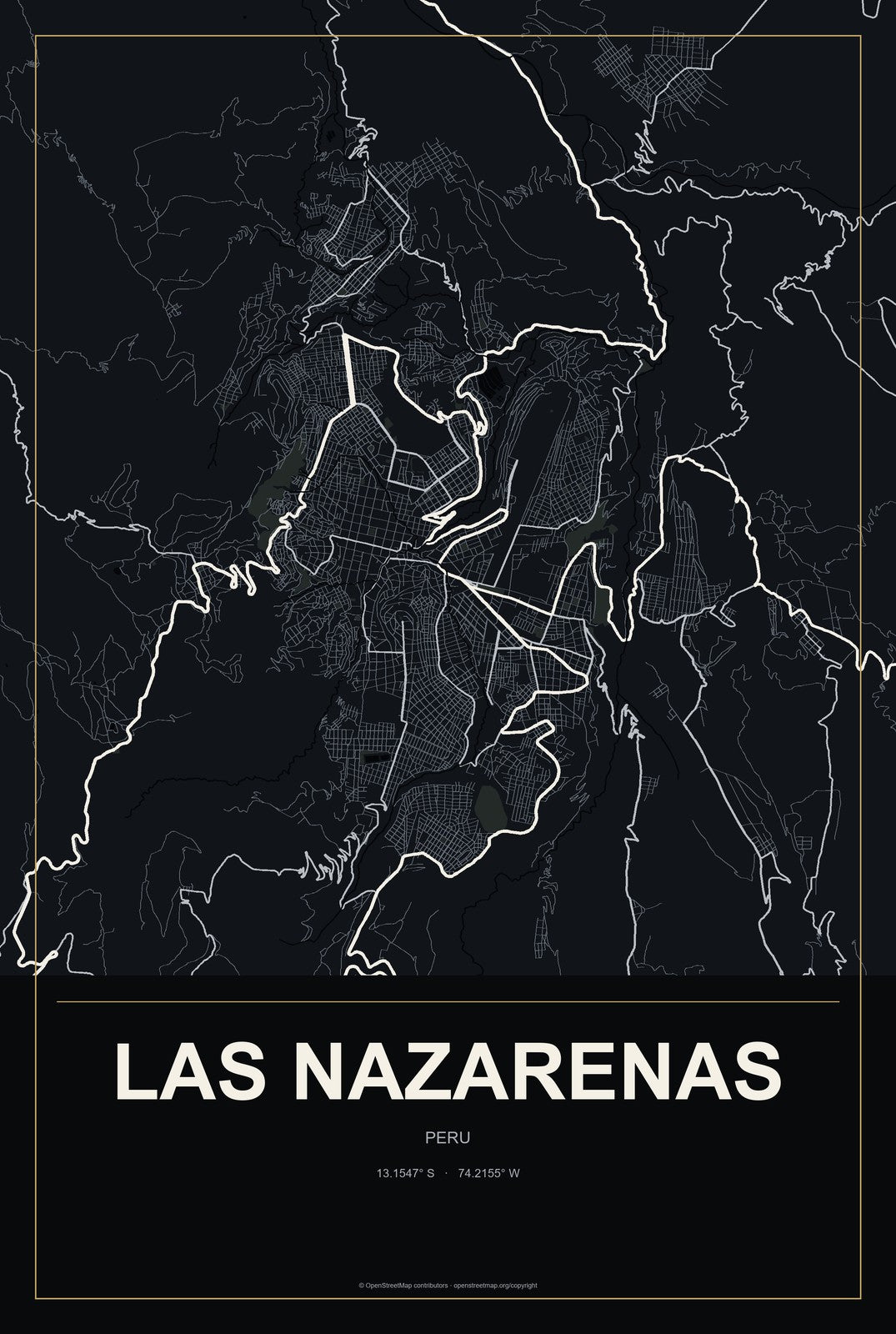 Las Nazarenas, Peru City Map Aluminum Sign in Metropolitan Noir style