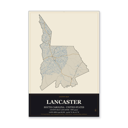 Lancaster County, South Carolina Map Aluminum Sign in Museum Plaque style