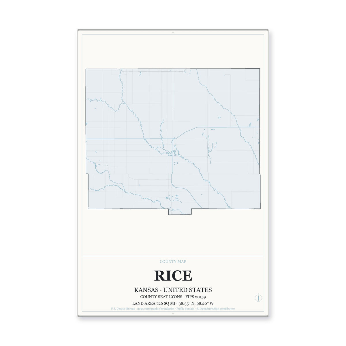 Rice County, Kansas Map Aluminum Sign in Gallery Air style