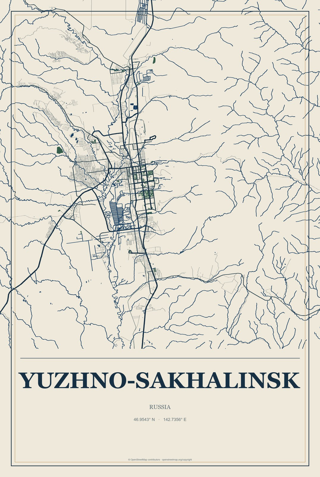 Yuzhno-Sakhalinsk, Russia City Map Aluminum Sign in Coastal Cutout style