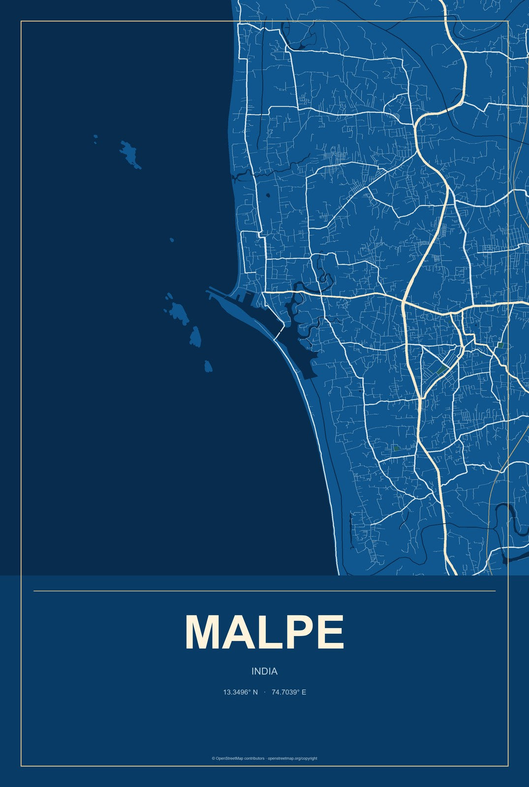 Malpe, India City Map Aluminum Sign in Harbor Cobalt style