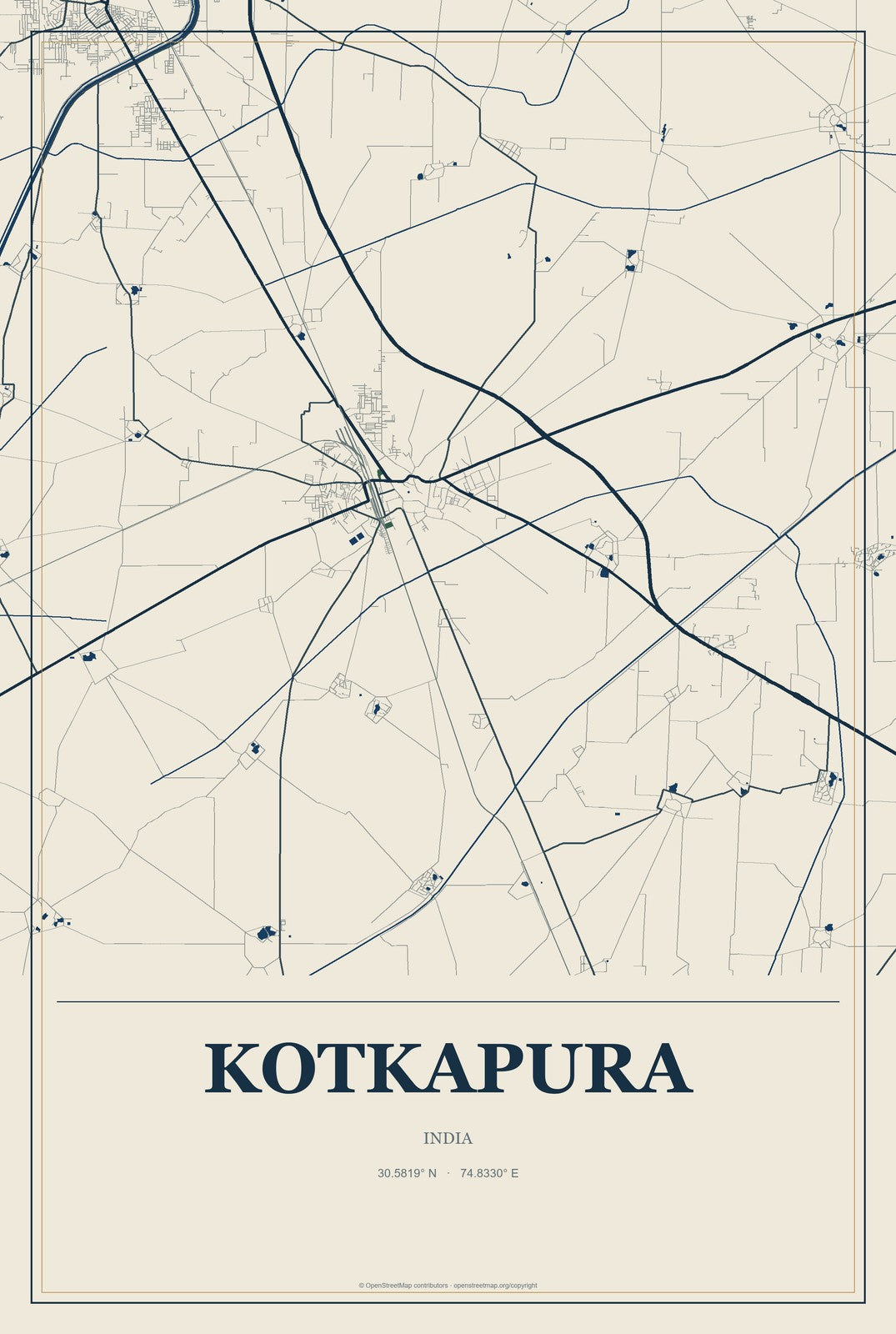 Kotkapura, India City Map Aluminum Sign in Coastal Cutout style