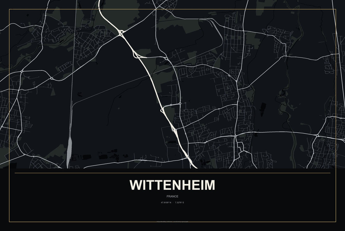 Wittenheim, France City Map Aluminum Sign in Metropolitan Noir style