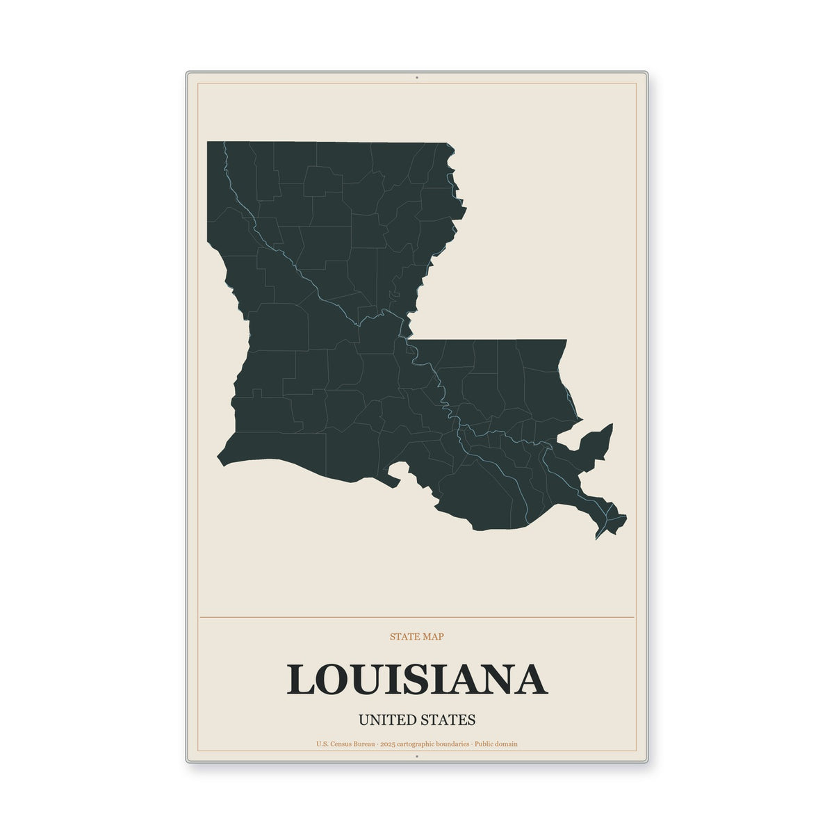 Louisiana state map aluminum sign in Headline Atlas style