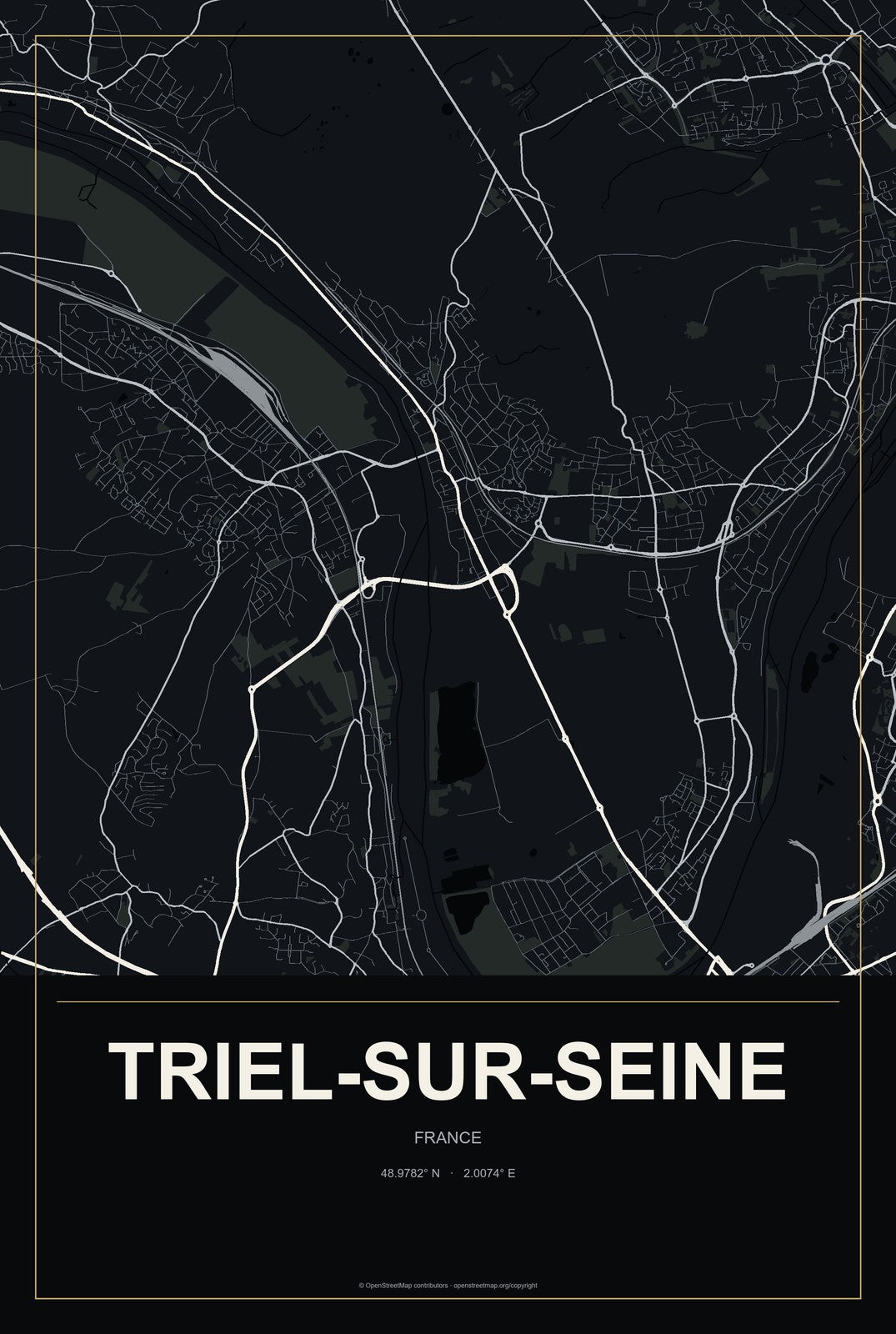 Triel-sur-Seine, France City Map Aluminum Sign in Metropolitan Noir style