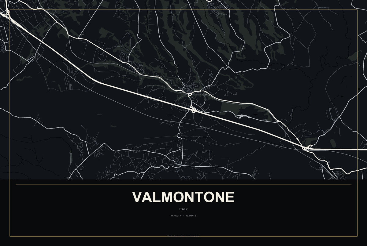 Valmontone, Italy City Map Aluminum Sign in Metropolitan Noir style