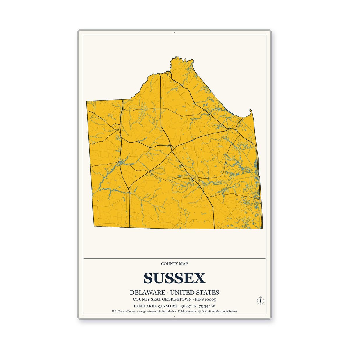 Sussex County, Delaware Map Aluminum Sign in Citrine Modern style
