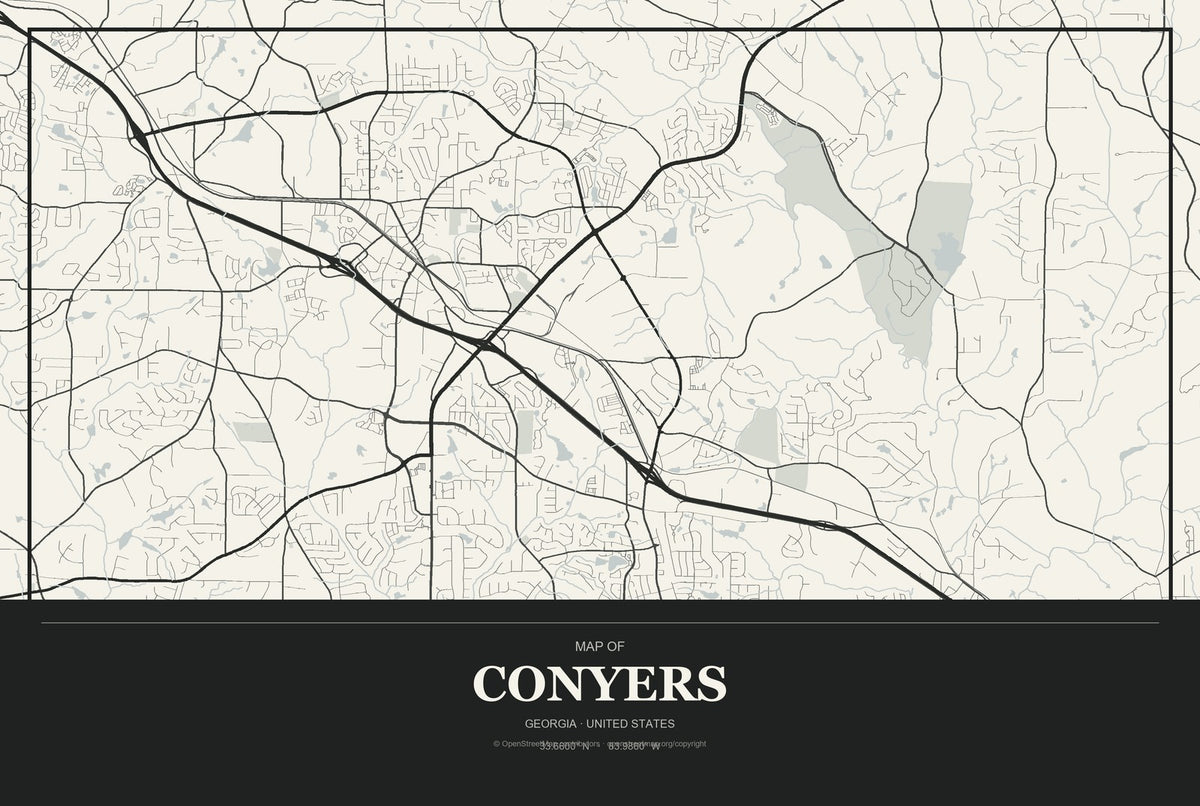 Conyers, Georgia City Map Aluminum Sign in Museum Plaque style