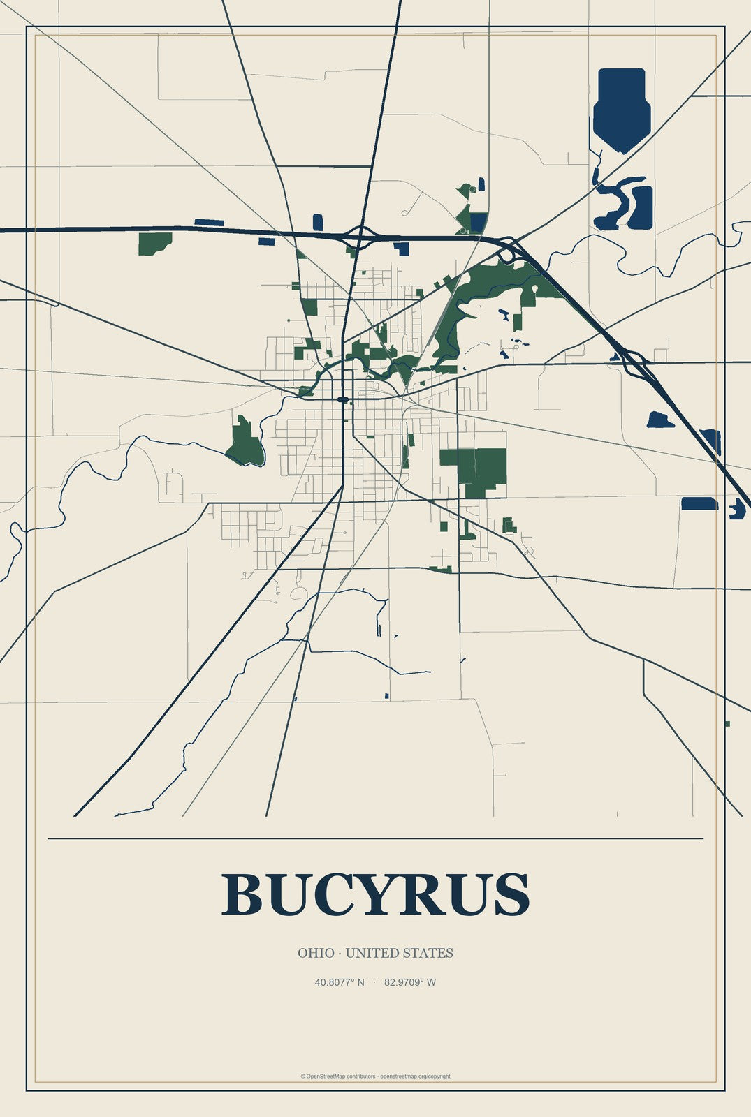 Bucyrus, Ohio City Map Aluminum Sign in Coastal Cutout style