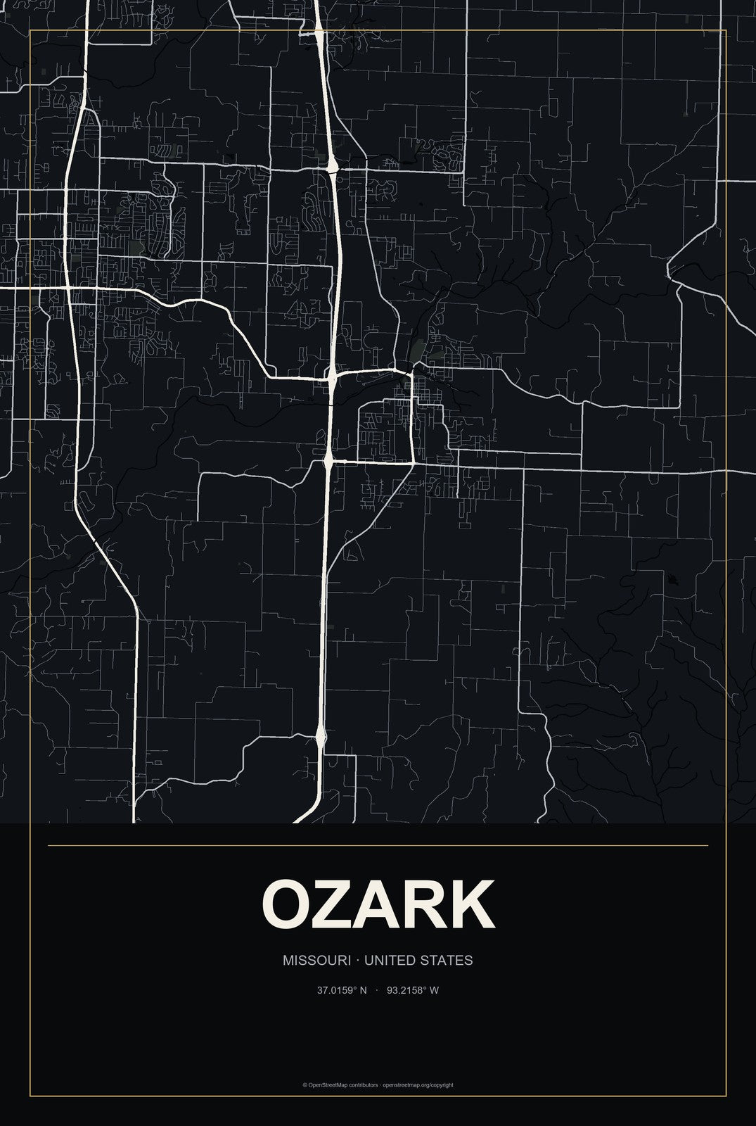 Ozark, Missouri City Map Aluminum Sign in Metropolitan Noir style