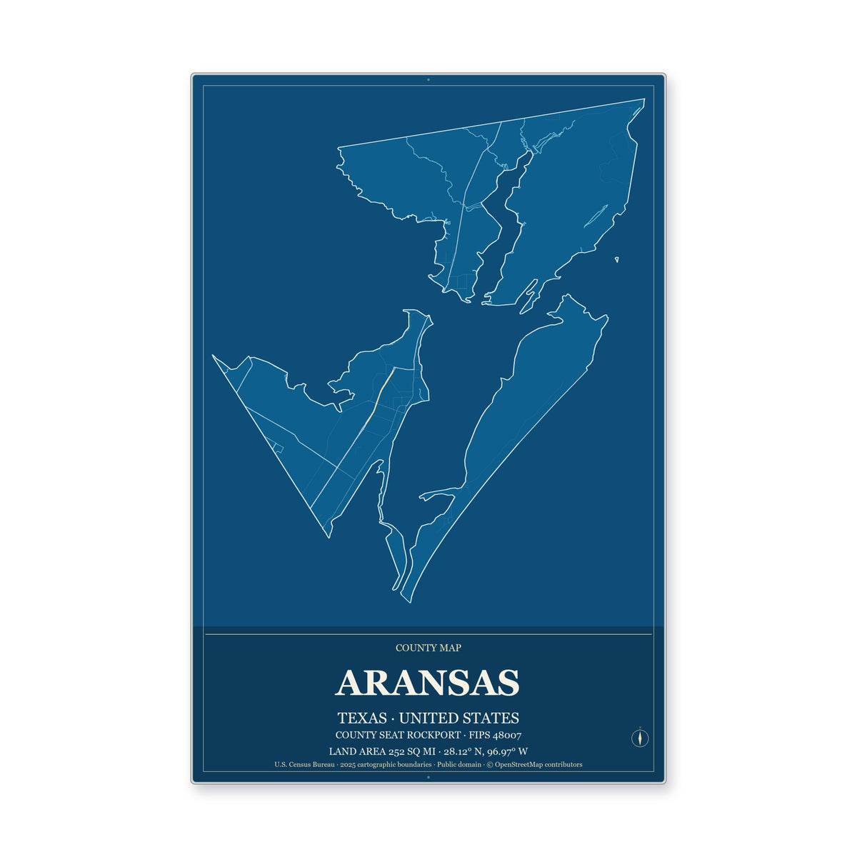 Aransas County, Texas Map Aluminum Sign in Harbor Cobalt style