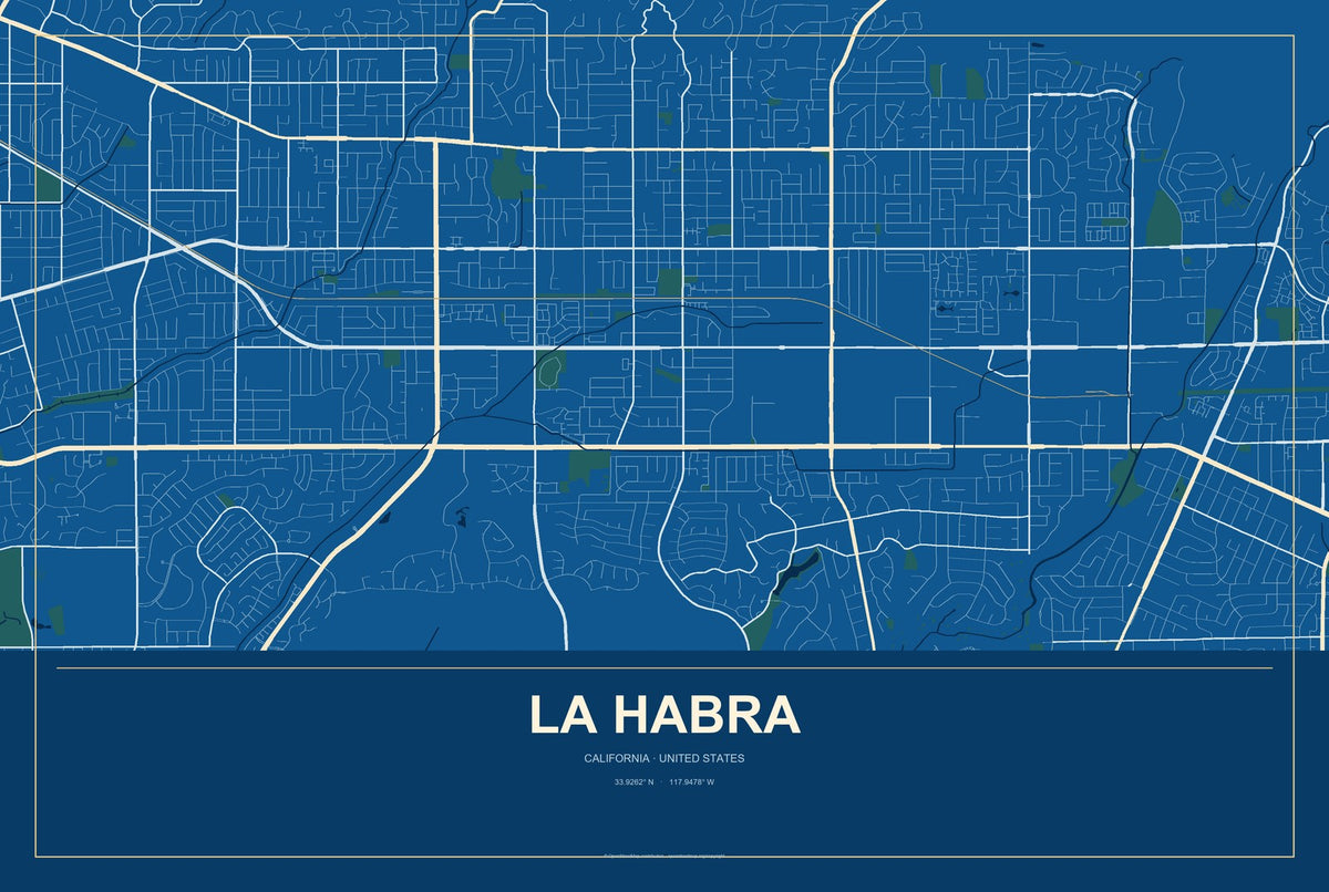 La Habra, California City Map Aluminum Sign in Harbor Cobalt style