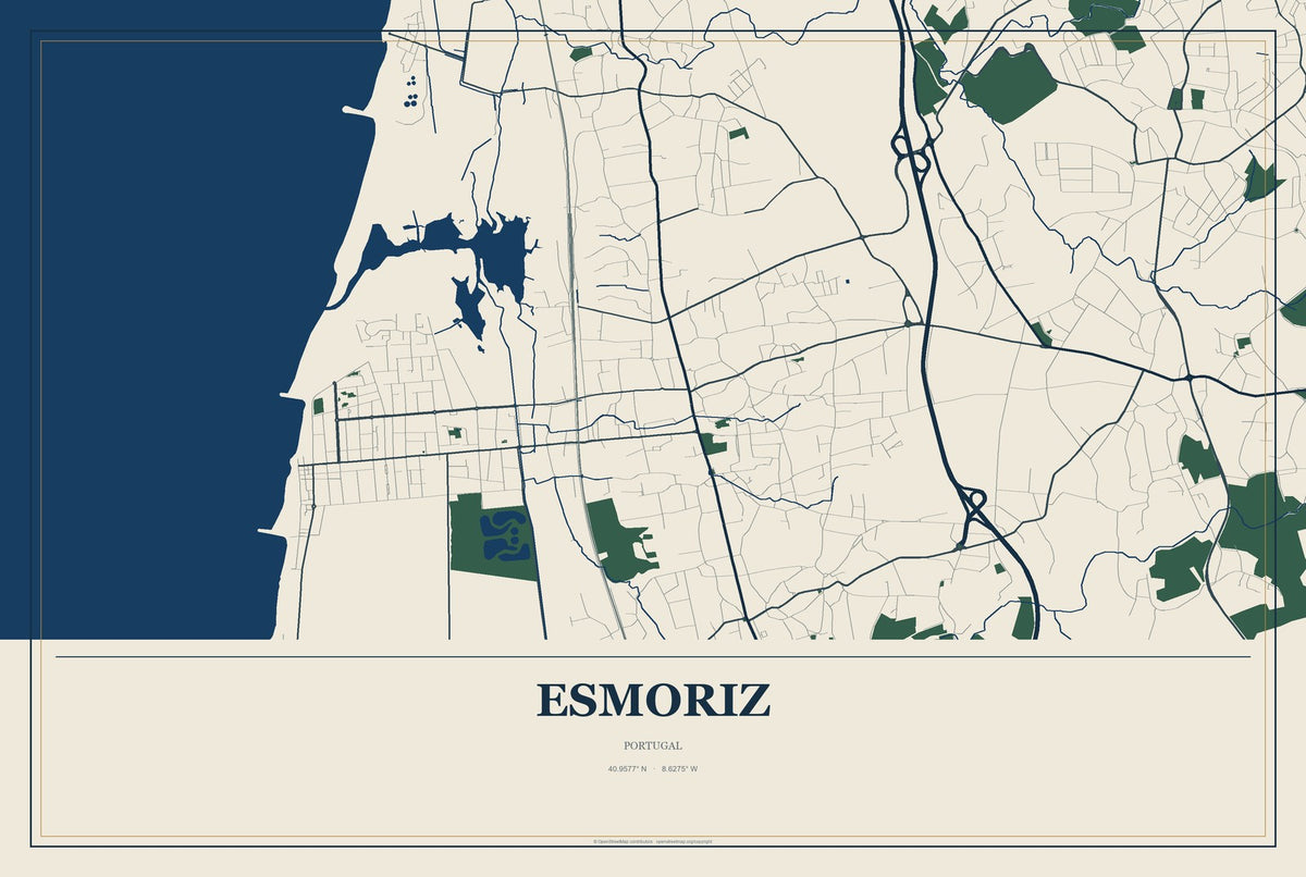 Esmoriz, Portugal City Map Aluminum Sign in Coastal Cutout style